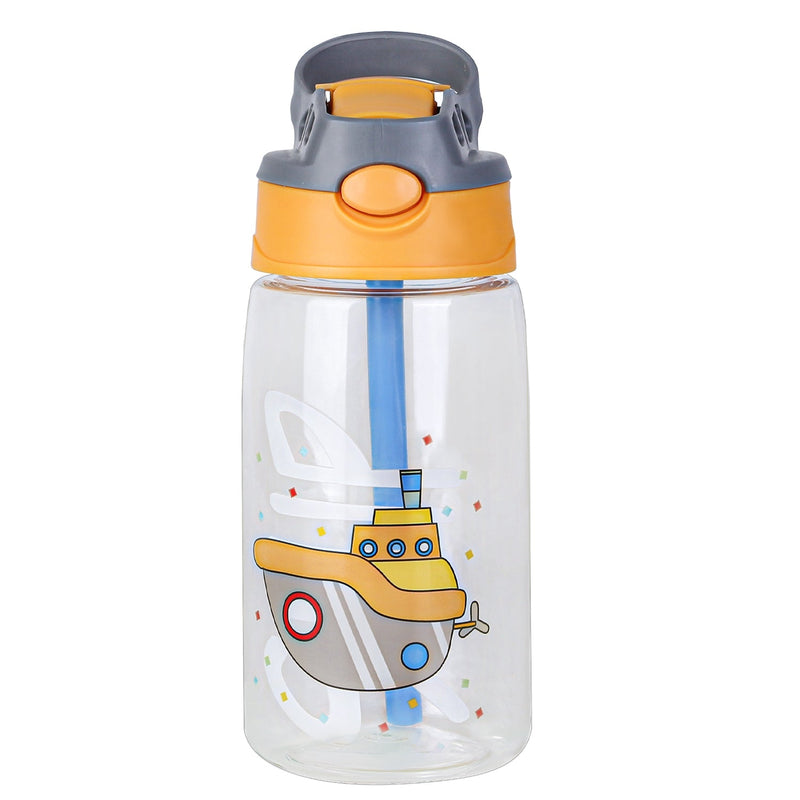 Load image into Gallery viewer, 16.2Oz Leak-proof Kids Water Bottle with Straw Push Button Sport Water Bottle for Kids Crab Ship Jellyfish Rocket
