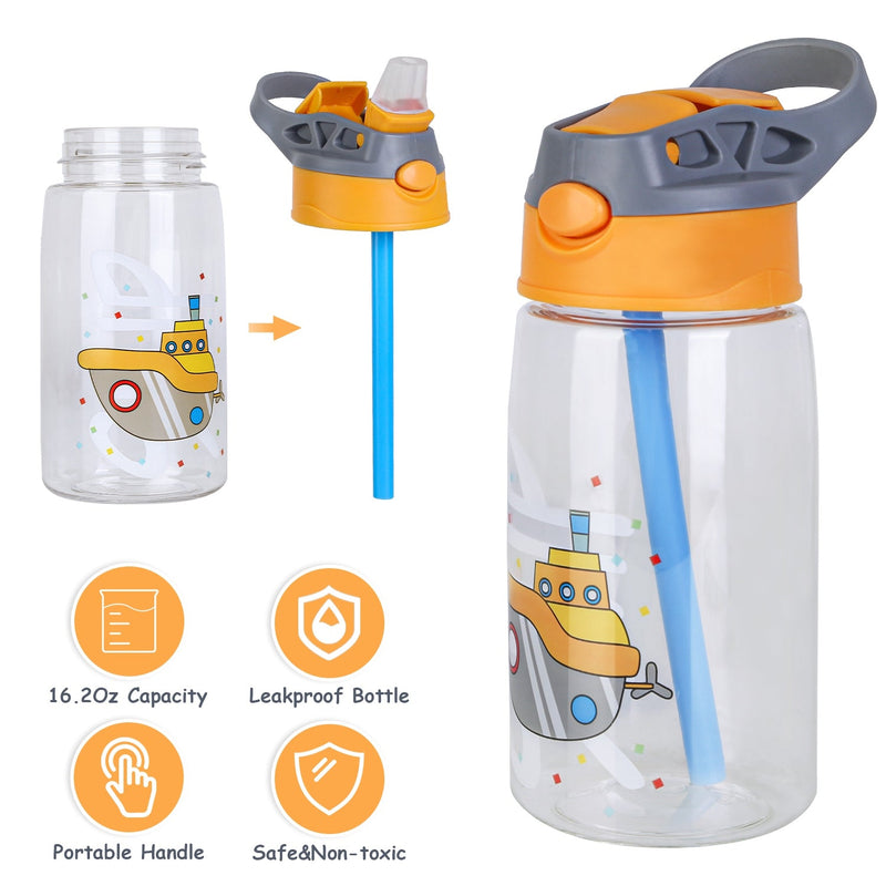 Load image into Gallery viewer, 16.2Oz Leak-proof Kids Water Bottle with Straw Push Button Sport Water Bottle for Kids Crab Ship Jellyfish Rocket
