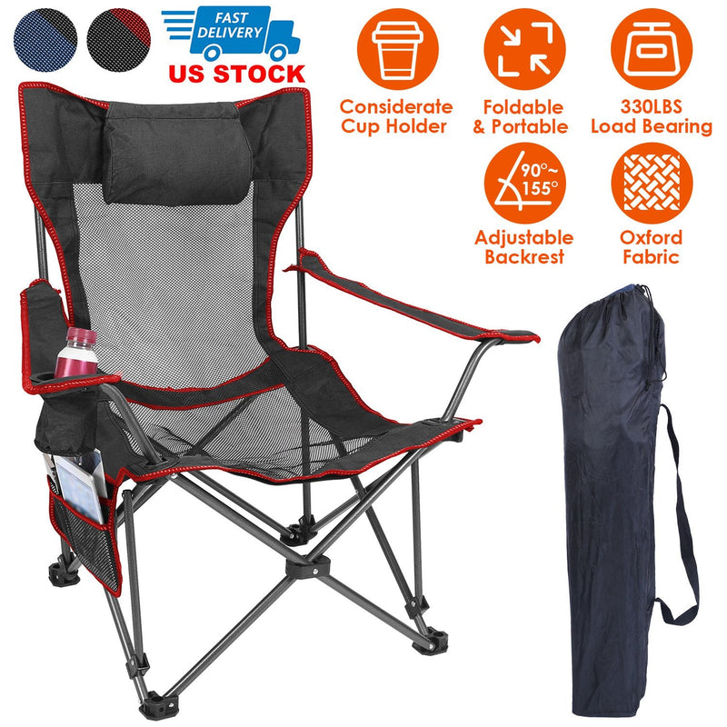 Load image into Gallery viewer, Foldable Camping Chair 330LBS Load Heavy Duty Steel Lawn Chair Collapsible Chair with Reclining Backrest Angle Cup Holder Pillow Side Pocket Carry Bag
