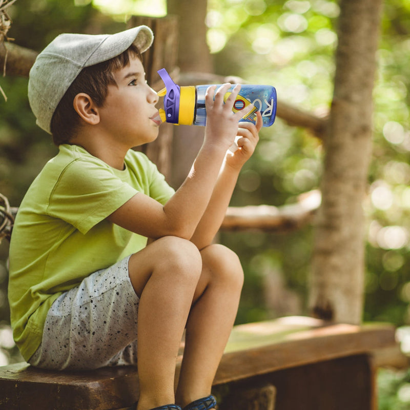 Load image into Gallery viewer, 16.2Oz Leak-proof Kids Water Bottle with Straw Push Button Sport Water Bottle for Kids Crab Ship Jellyfish Rocket
