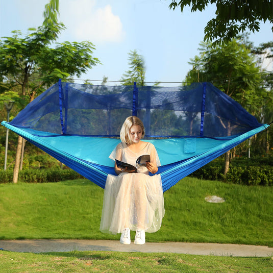 600lbs Load 2 Persons Hammock w/Mosquito Net Outdoor Hiking Camping Hommock Portable Nylon Swing Hanging Bed w/ Strap Hook Carry Bag