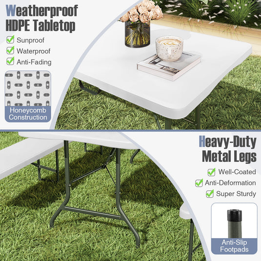 8 ft Portable Folding Table 350 LBS Fold-in-Half Table with HDPE Tabletop