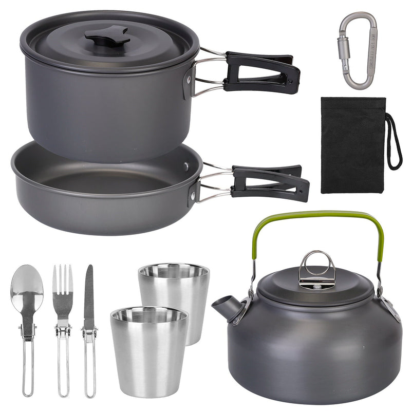 Load image into Gallery viewer, 12Pcs Camping Cookware Set Camping Stove Aluminum Pot Pans Kit for Hiking Picnic Outdoor with Cup Fork Spoon Knife
