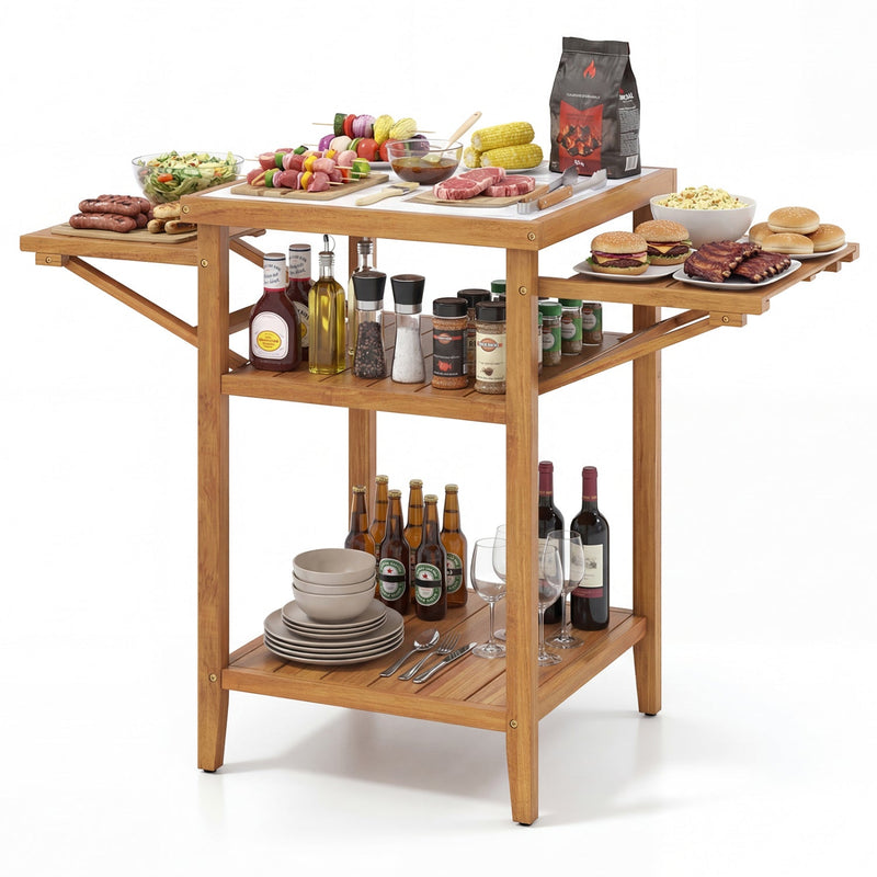 Load image into Gallery viewer, Acacia Wood Outdoor Grill Table with Faux Marble Top and Drop-Leaf Side Panels
