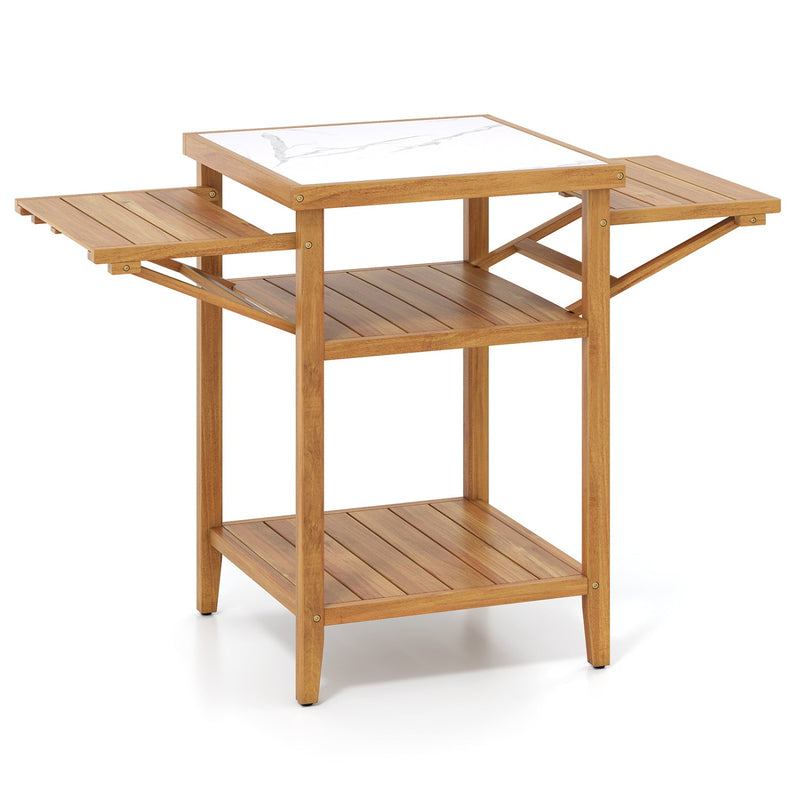 Load image into Gallery viewer, Acacia Wood Outdoor Grill Table with Faux Marble Top and Drop-Leaf Side Panels
