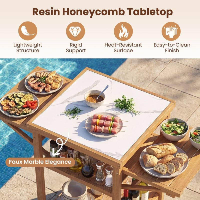 Load image into Gallery viewer, Acacia Wood Outdoor Grill Table with Faux Marble Top and Drop-Leaf Side Panels
