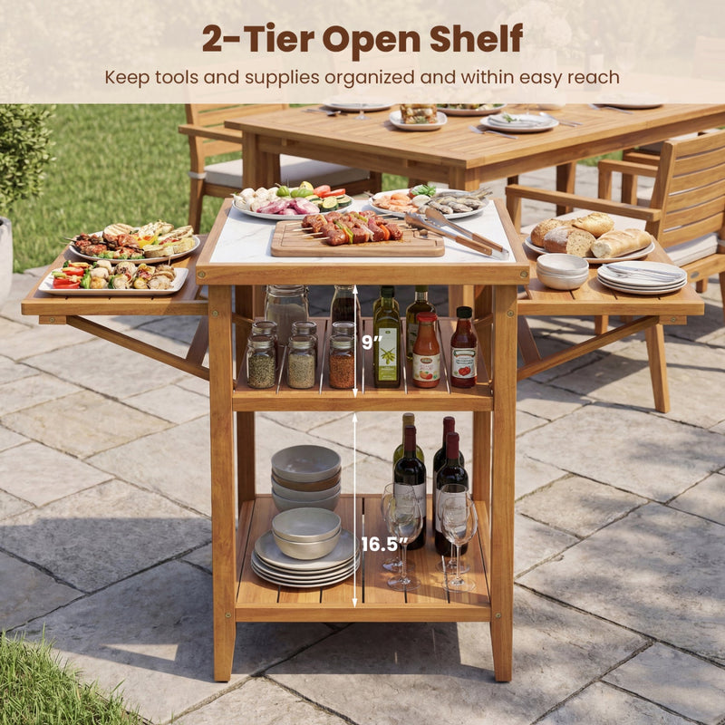 Load image into Gallery viewer, Acacia Wood Outdoor Grill Table with Faux Marble Top and Drop-Leaf Side Panels
