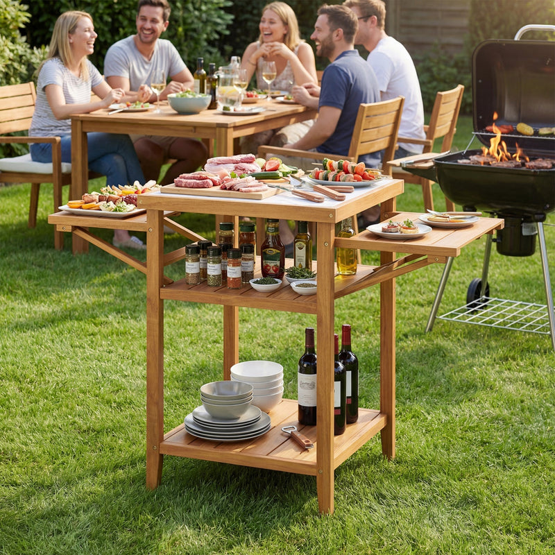Load image into Gallery viewer, Acacia Wood Outdoor Grill Table with Faux Marble Top and Drop-Leaf Side Panels
