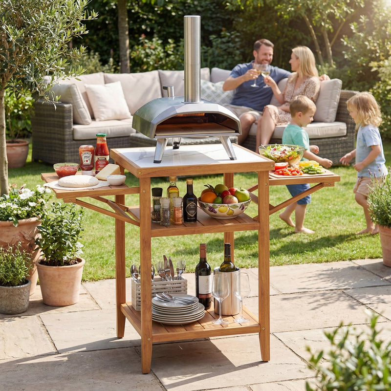 Load image into Gallery viewer, Acacia Wood Outdoor Grill Table with Faux Marble Top and Drop-Leaf Side Panels
