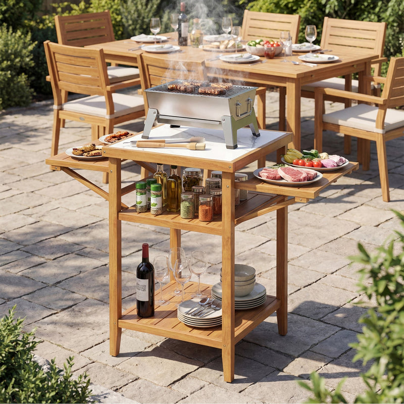Load image into Gallery viewer, Acacia Wood Outdoor Grill Table with Faux Marble Top and Drop-Leaf Side Panels
