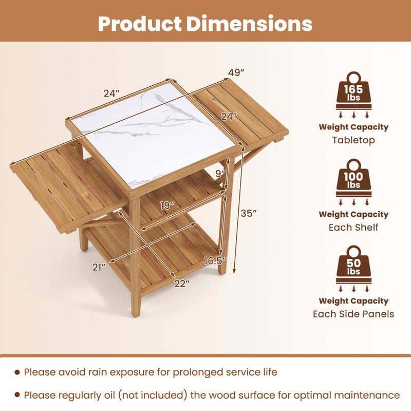 Load image into Gallery viewer, Acacia Wood Outdoor Grill Table with Faux Marble Top and Drop-Leaf Side Panels
