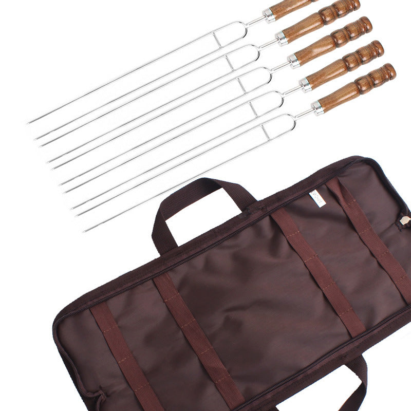 Load image into Gallery viewer, Outdoor Grill Grill Fork Wood Handle U Type Grill Pin Stainless Steel Grill Stick Wood Handle U Type Roast Pin Picnic Grill Meat
