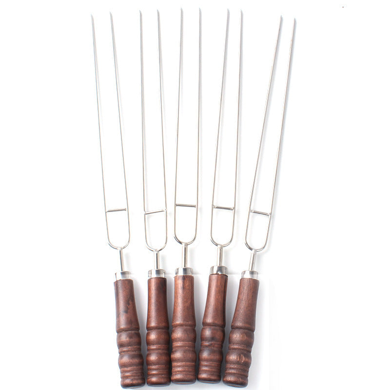 Load image into Gallery viewer, Outdoor Grill Grill Fork Wood Handle U Type Grill Pin Stainless Steel Grill Stick Wood Handle U Type Roast Pin Picnic Grill Meat
