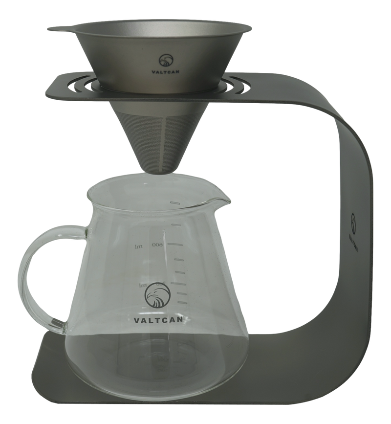 Load image into Gallery viewer, Valtcan Titanium Pour Over Coffee Set - Your Last Paper Filter Was Yesterday. 10,000+ laser-cut slots · Borosilicate glass carafe · Brews coffee &amp; tea
