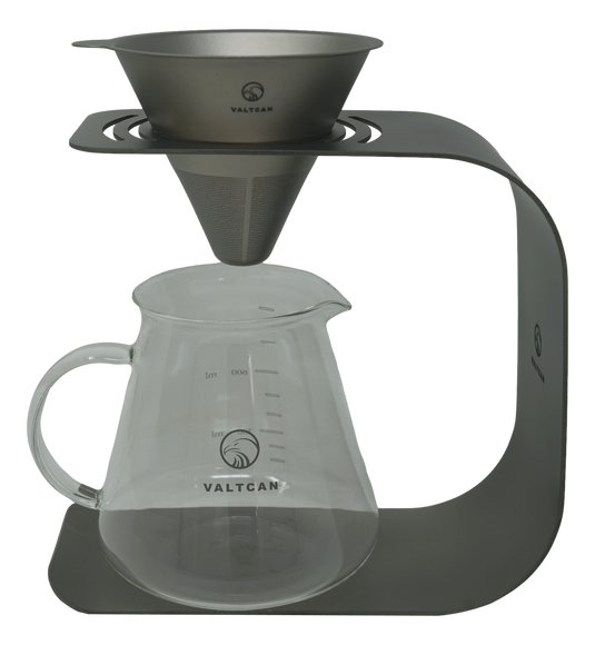 Valtcan Titanium Pour Over Coffee Set - Your Last Paper Filter Was Yesterday. 10,000+ laser-cut slots · Borosilicate glass carafe · Brews coffee & tea