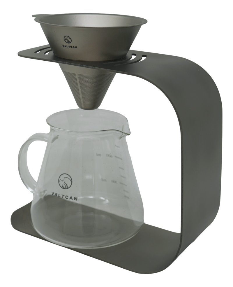 Load image into Gallery viewer, Valtcan Titanium Pour Over Coffee Set - Your Last Paper Filter Was Yesterday. 10,000+ laser-cut slots · Borosilicate glass carafe · Brews coffee &amp; tea

