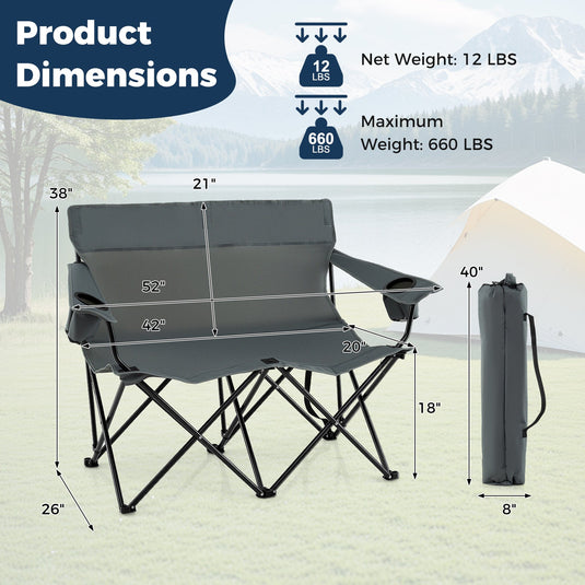 Double Camping Chair 2-Person Outdoor Folding Loveseat with Cup Holders