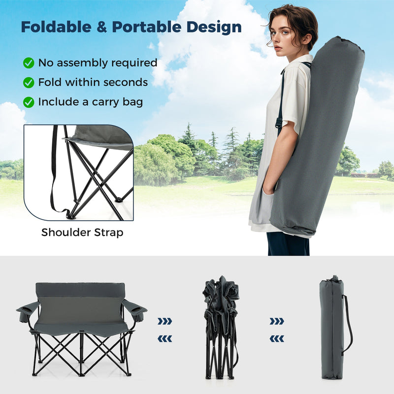 Load image into Gallery viewer, Double Camping Chair 2-Person Outdoor Folding Loveseat with Cup Holders
