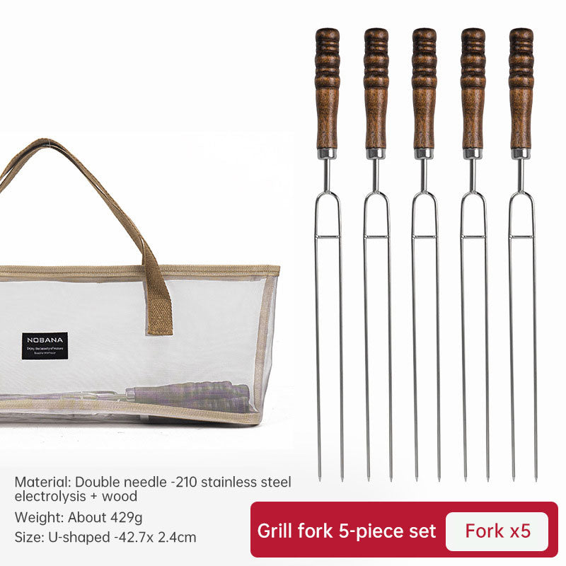 Load image into Gallery viewer, Outdoor Grill Grill Fork Wood Handle U Type Grill Pin Stainless Steel Grill Stick Wood Handle U Type Roast Pin Picnic Grill Meat

