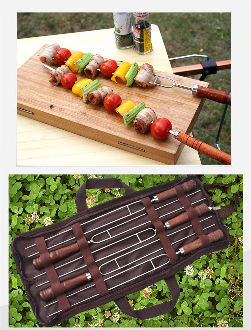 Load image into Gallery viewer, Outdoor Grill Grill Fork Wood Handle U Type Grill Pin Stainless Steel Grill Stick Wood Handle U Type Roast Pin Picnic Grill Meat
