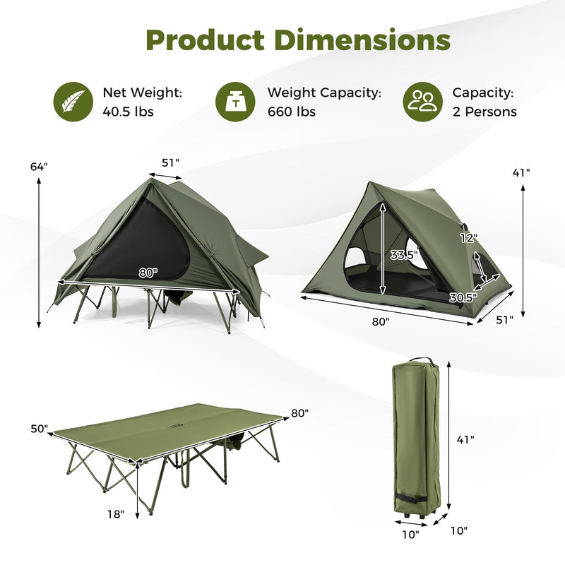 Load image into Gallery viewer, Foldable 2-Person Camping Cot Tent with Pop-up Tent Shelter and Portable Wheeled Bag-Green
