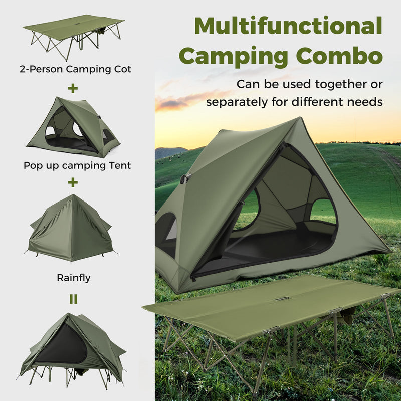 Load image into Gallery viewer, Foldable 2-Person Camping Cot Tent with Pop-up Tent Shelter and Portable Wheeled Bag-Green

