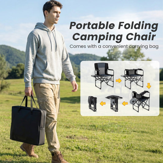 Folding Camping Chair with Side Table and Cup Holder with Carrying Bag