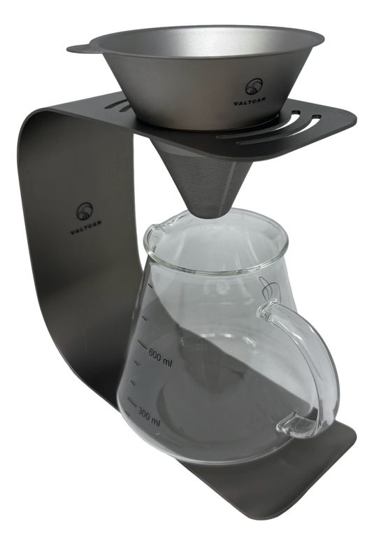 Valtcan Titanium Pour Over Coffee Set - Your Last Paper Filter Was Yesterday. 10,000+ laser-cut slots · Borosilicate glass carafe · Brews coffee & tea