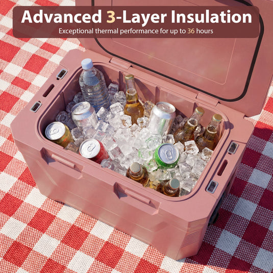 Insulated Portable Cooler Hard Shell Ice Chest with 2 Cup Holders Bottle Opener and Drain Plug
