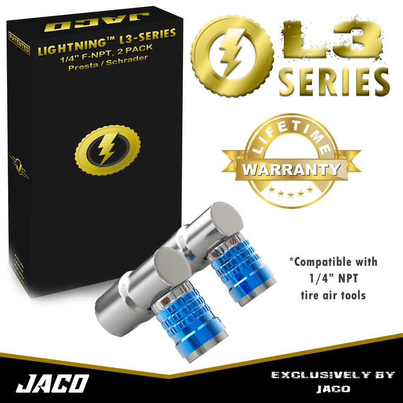 Load image into Gallery viewer, Lightning™ L3-Series Bike Tire Air Chuck - 1/4" F-NPT (Presta + Schrader Valves) | Open Flow (2 Pack)
