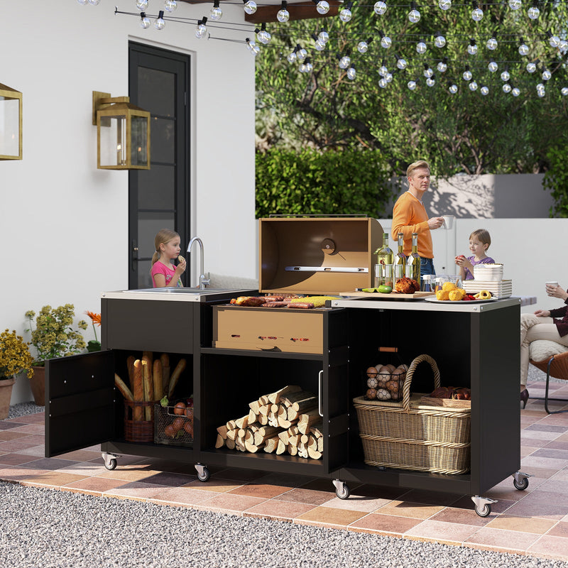 Load image into Gallery viewer, Outdoor Grill Table with Sink and Drainage Heavy Duty Metal Grill Cart-Black
