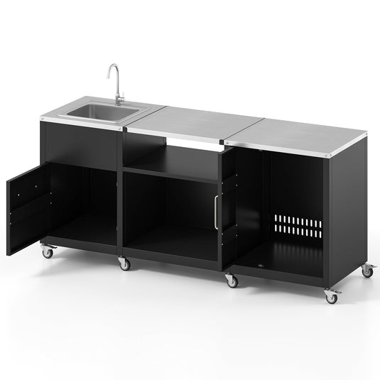 Outdoor Grill Table with Sink and Drainage Heavy Duty Metal Grill Cart-Black