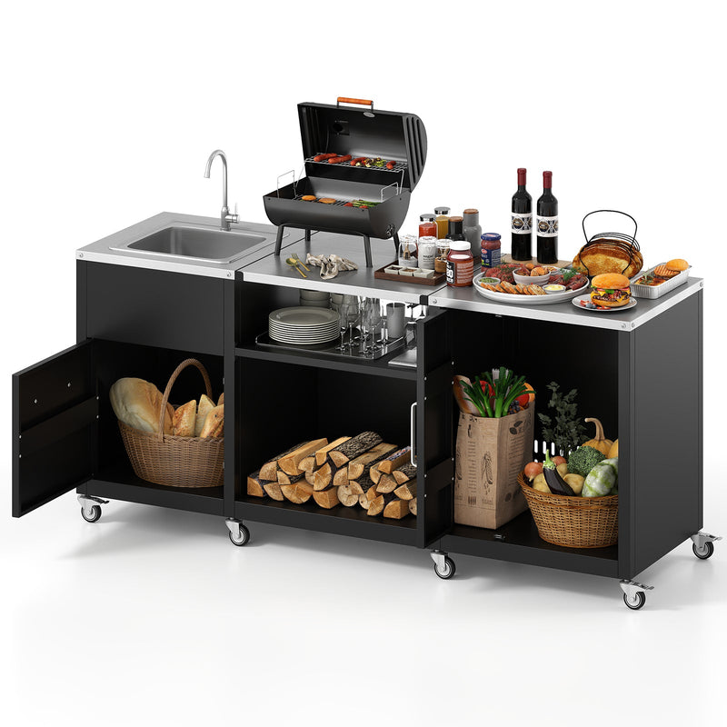Load image into Gallery viewer, Outdoor Grill Table with Sink and Drainage Heavy Duty Metal Grill Cart-Black
