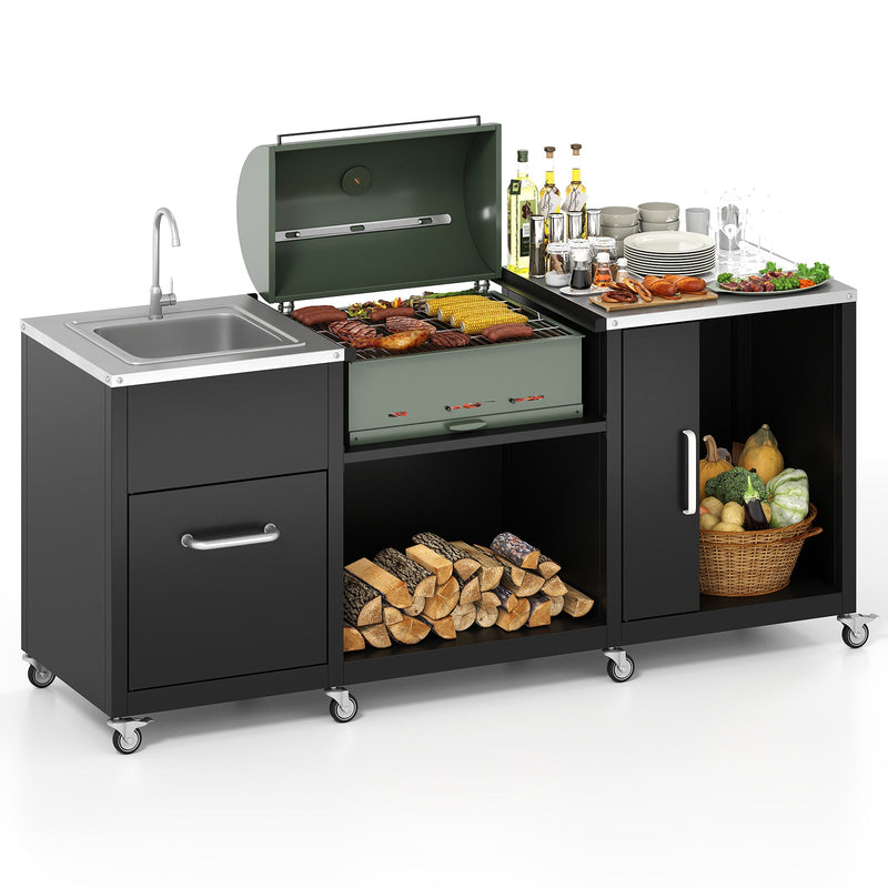 Load image into Gallery viewer, Outdoor Grill Table with Sink and Drainage Heavy Duty Metal Grill Cart-Black
