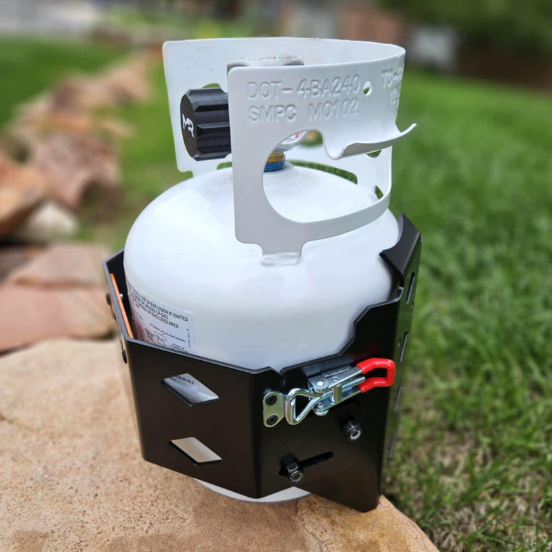 Load image into Gallery viewer, Rock-solid 5 lb propane tank mount for truck campers &amp; overland rigs
