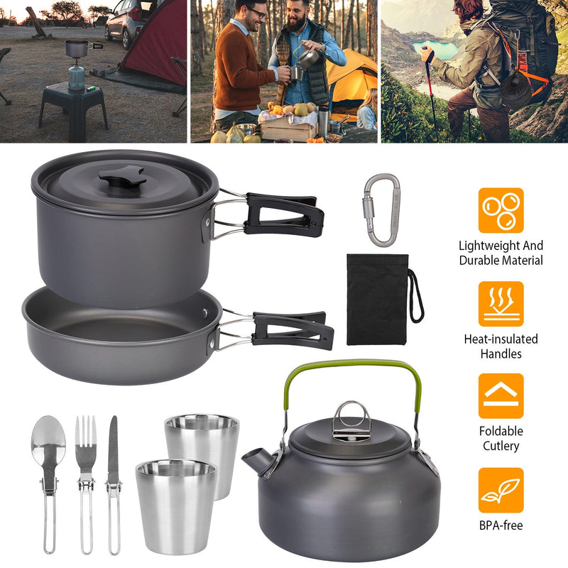 Load image into Gallery viewer, 12Pcs Camping Cookware Set Camping Stove Aluminum Pot Pans Kit for Hiking Picnic Outdoor with Cup Fork Spoon Knife
