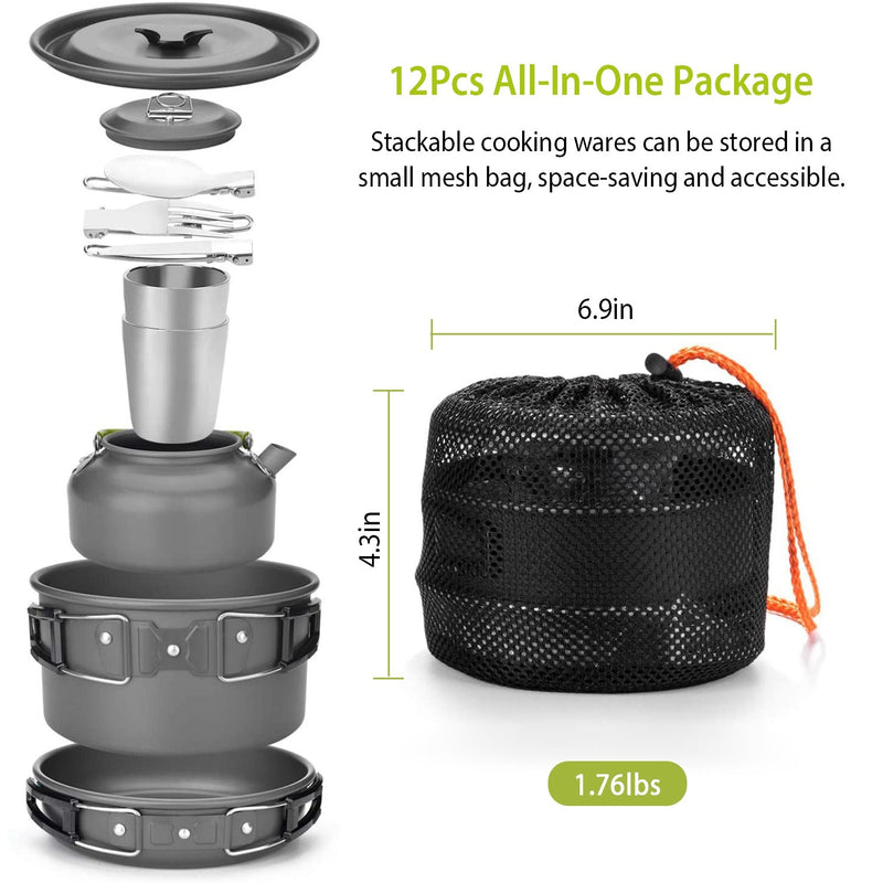 Load image into Gallery viewer, 12Pcs Camping Cookware Set Camping Stove Aluminum Pot Pans Kit for Hiking Picnic Outdoor with Cup Fork Spoon Knife
