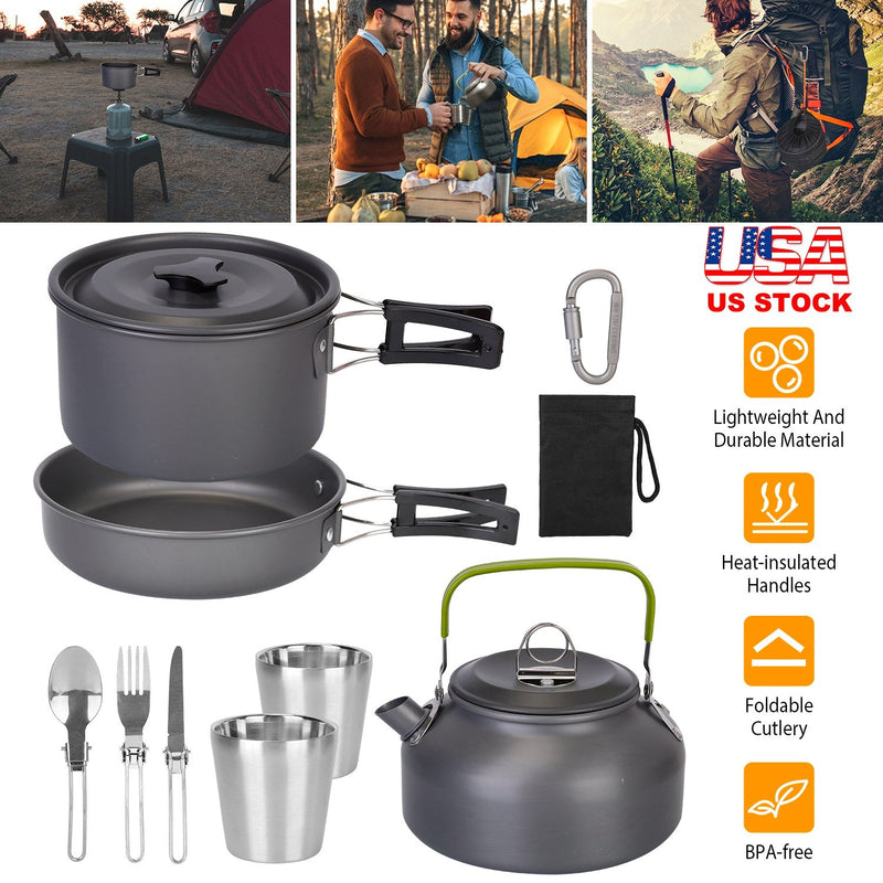 Load image into Gallery viewer, 12Pcs Camping Cookware Set Camping Stove Aluminum Pot Pans Kit for Hiking Picnic Outdoor with Cup Fork Spoon Knife
