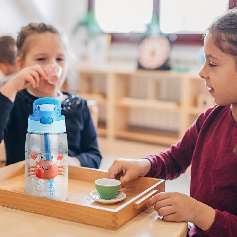 Load image into Gallery viewer, 16.2Oz Leak-proof Kids Water Bottle with Straw Push Button Sport Water Bottle for Kids Crab Ship Jellyfish Rocket

