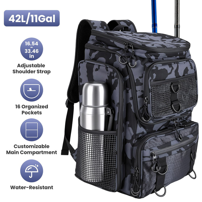 Load image into Gallery viewer, 42L/11Gal Fishing Backpack Large Capacity Fishing Tackle Storage Bag with Rod Holders 16-Pocket Water-Resistant with Divider Adjustable Padded Straps
