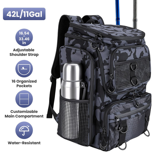 42L/11Gal Fishing Backpack Large Capacity Fishing Tackle Storage Bag with Rod Holders 16-Pocket Water-Resistant with Divider Adjustable Padded Straps