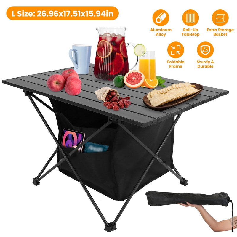 Load image into Gallery viewer, Foldable Camping Table With Storage Basket Rustproof Portable Aluminum Alloy Roll-Up Camping Table With Carrying Bag For Camping Hiking BBQ Picnic Fis
