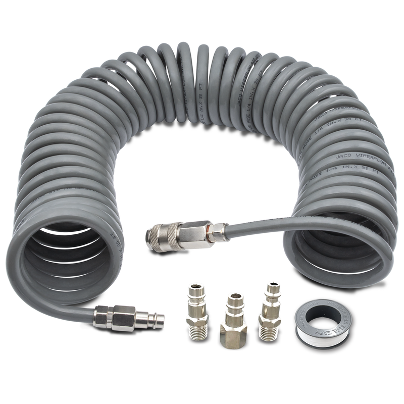 Load image into Gallery viewer, Polyurethane Coiled Air Hose Kit - 1/4" x 30 ft | with Air Compressor Fittings
