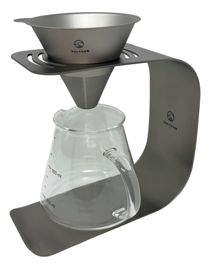 Load image into Gallery viewer, Valtcan Titanium Pour Over Coffee Set - Your Last Paper Filter Was Yesterday. 10,000+ laser-cut slots · Borosilicate glass carafe · Brews coffee &amp; tea
