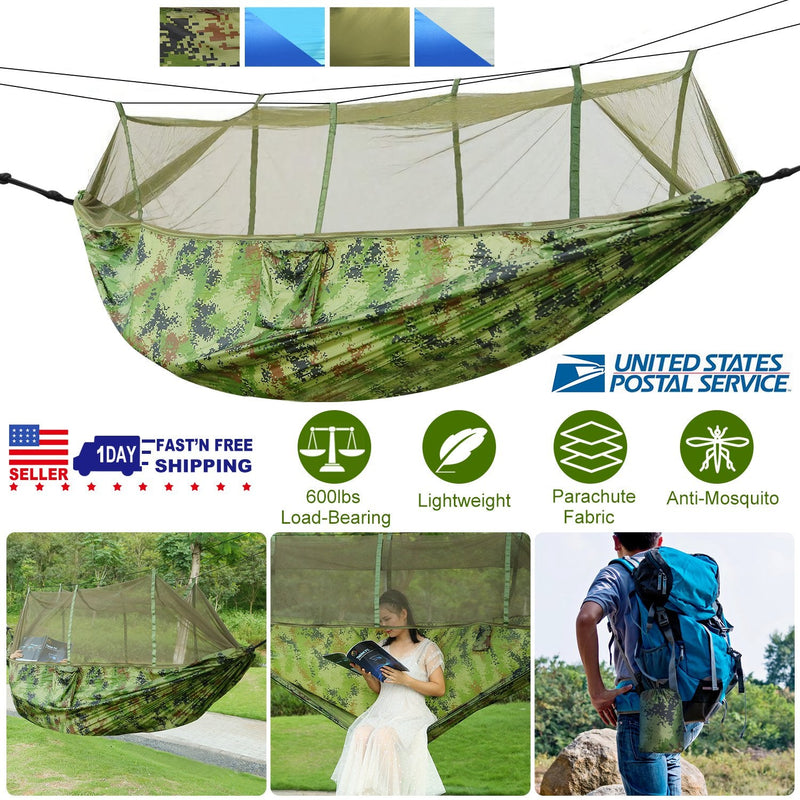 Load image into Gallery viewer, 600lbs Load 2 Persons Hammock w/Mosquito Net Outdoor Hiking Camping Hommock Portable Nylon Swing Hanging Bed w/ Strap Hook Carry Bag
