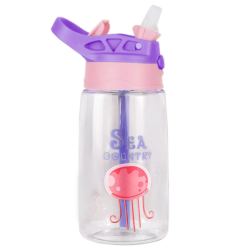 Load image into Gallery viewer, 16.2Oz Leak-proof Kids Water Bottle with Straw Push Button Sport Water Bottle for Kids Crab Ship Jellyfish Rocket
