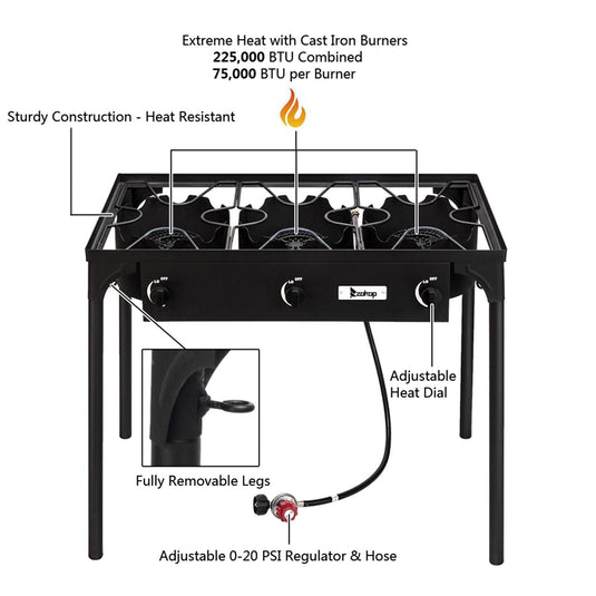 225,000 BTU Outdoor Propane Camp Stove – 3 Burner Cooker