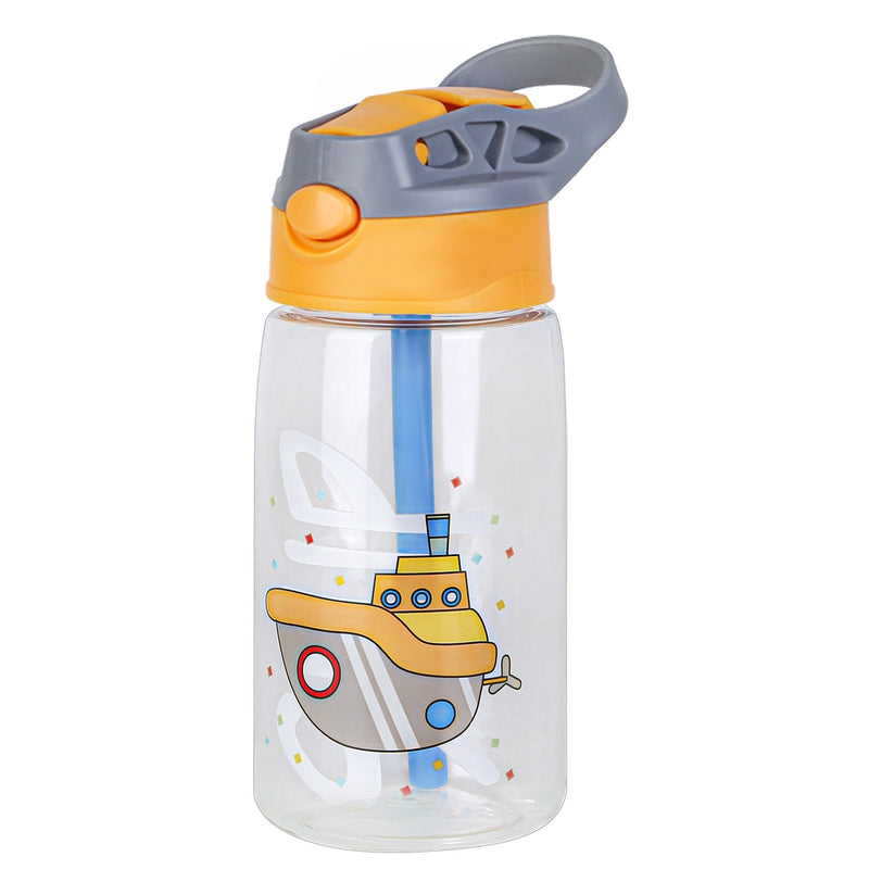 Load image into Gallery viewer, 16.2Oz Leak-proof Kids Water Bottle with Straw Push Button Sport Water Bottle for Kids Crab Ship Jellyfish Rocket
