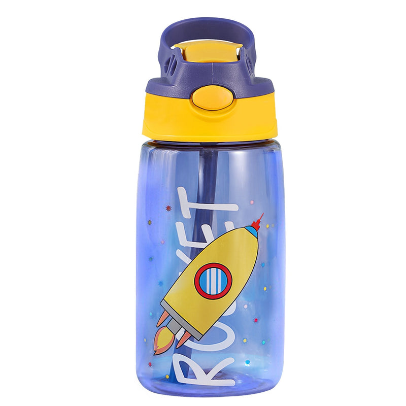 Load image into Gallery viewer, 16.2Oz Leak-proof Kids Water Bottle with Straw Push Button Sport Water Bottle for Kids Crab Ship Jellyfish Rocket
