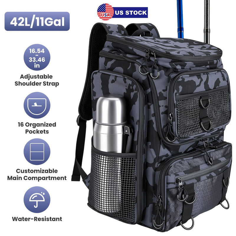Load image into Gallery viewer, 42L/11Gal Fishing Backpack Large Capacity Fishing Tackle Storage Bag with Rod Holders 16-Pocket Water-Resistant with Divider Adjustable Padded Straps
